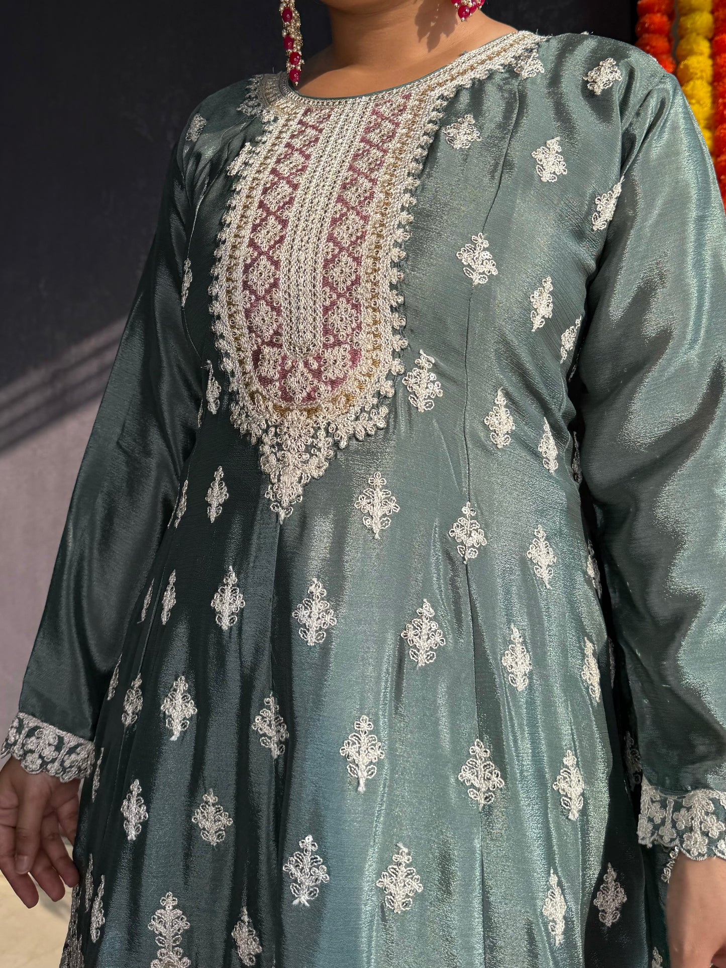 Chinon embroidered Anarkali Sharara suit