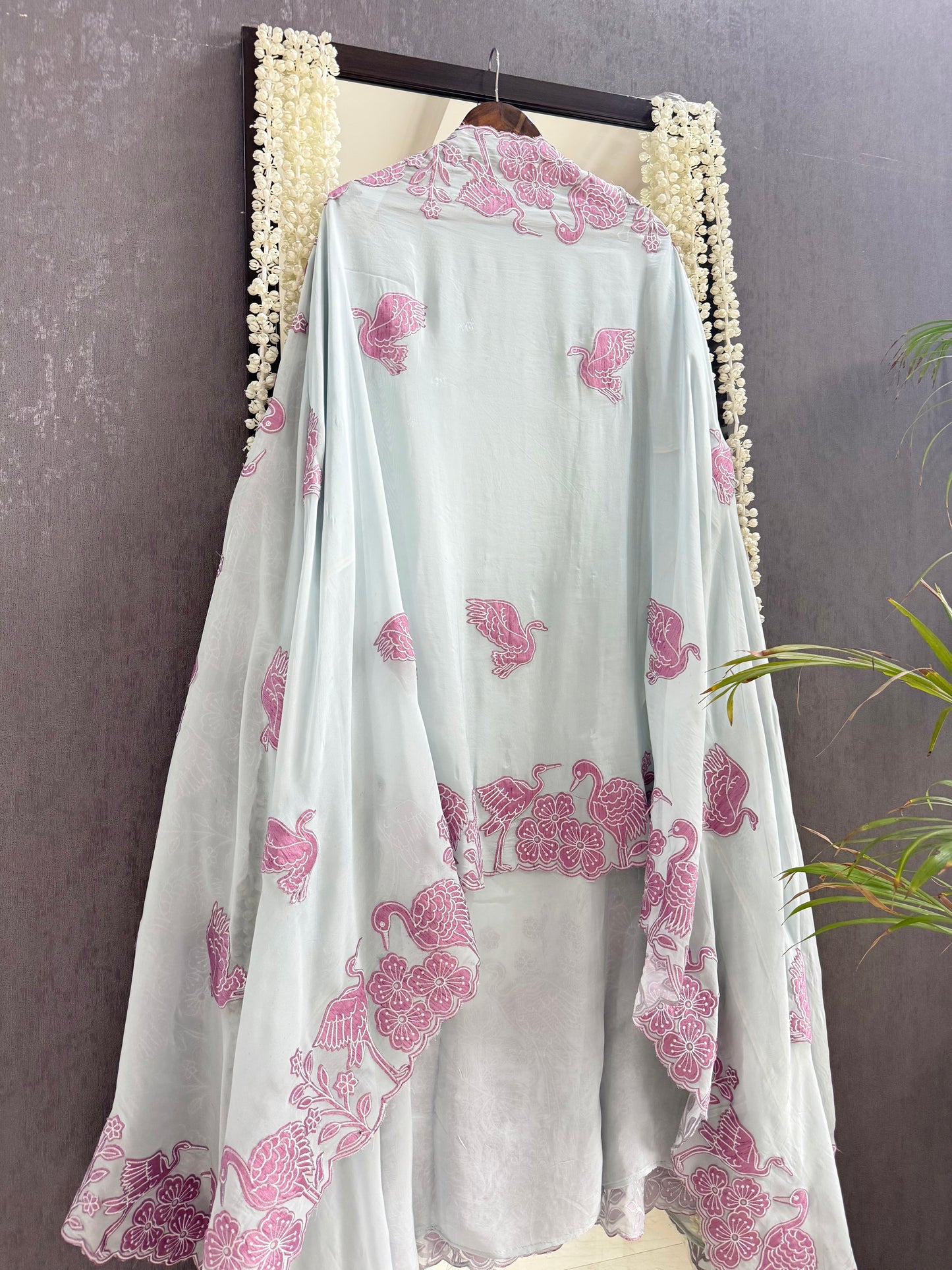 Organza appliqué work flamingos suit