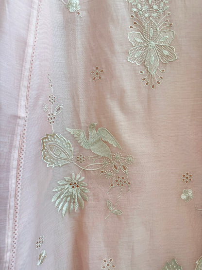 Luxurious Mul chanderi threadwork schiffili suit