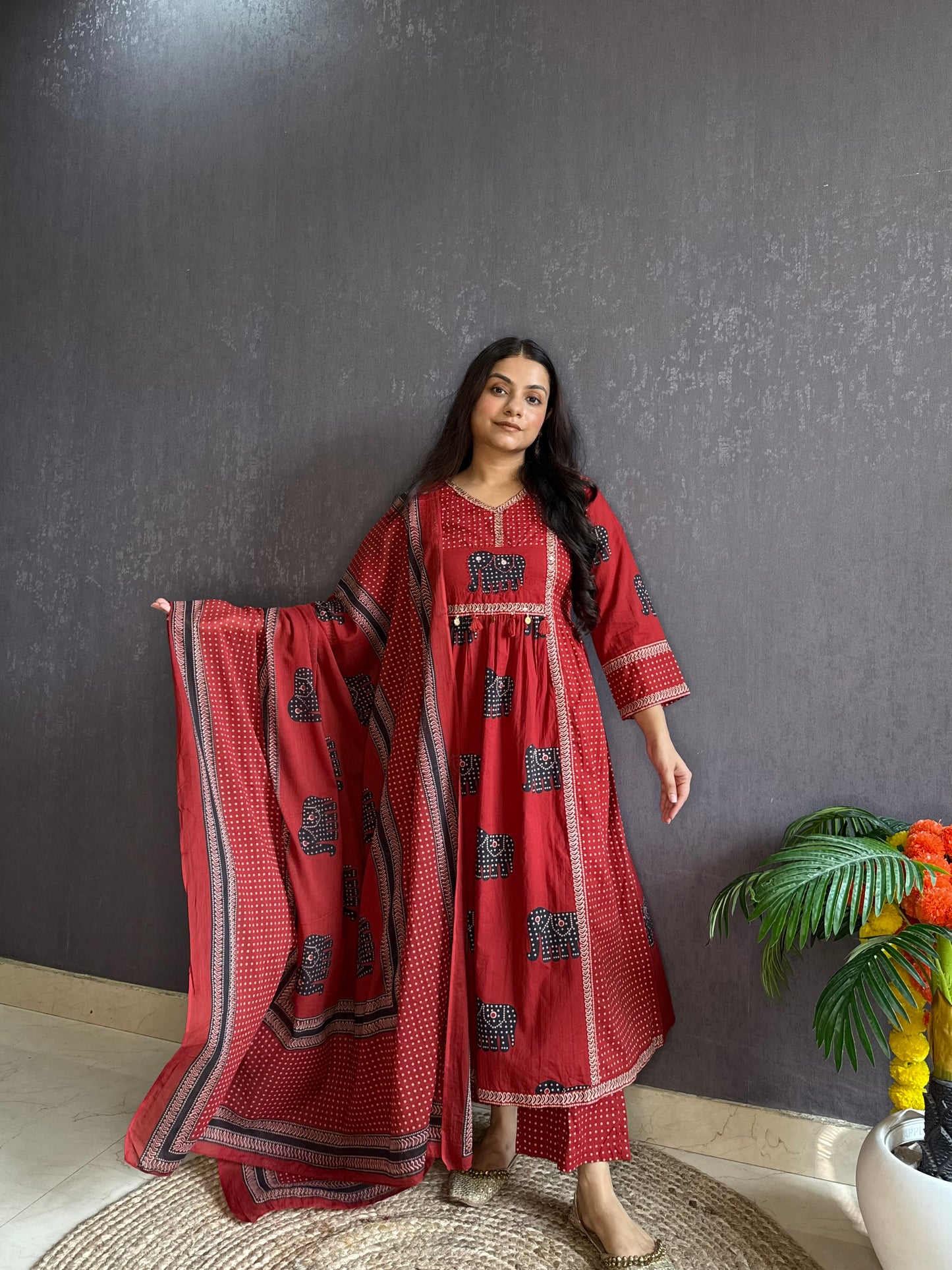Ajrakh elephants handwork A line suit set