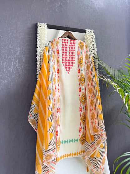 Muslin ikkat inspired handwork suits