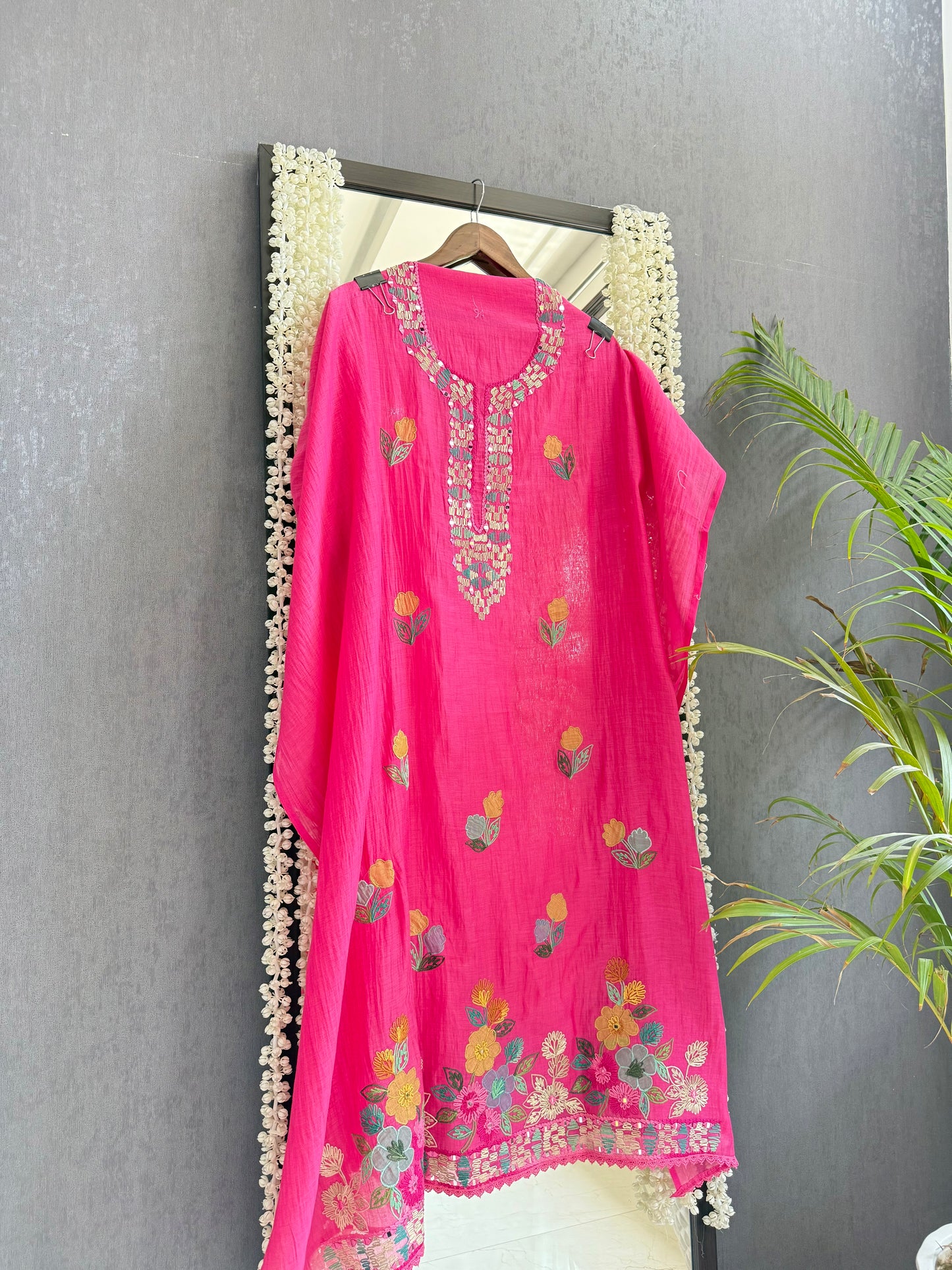 Luxurious Mul chanderi appliqué mirror work suit