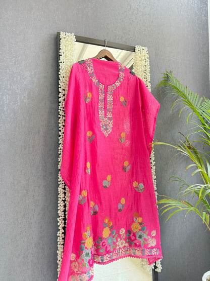 Luxurious Mul chanderi appliqué mirror work suit