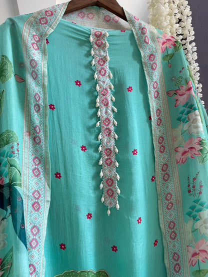 Soft silk peacock hand work suit