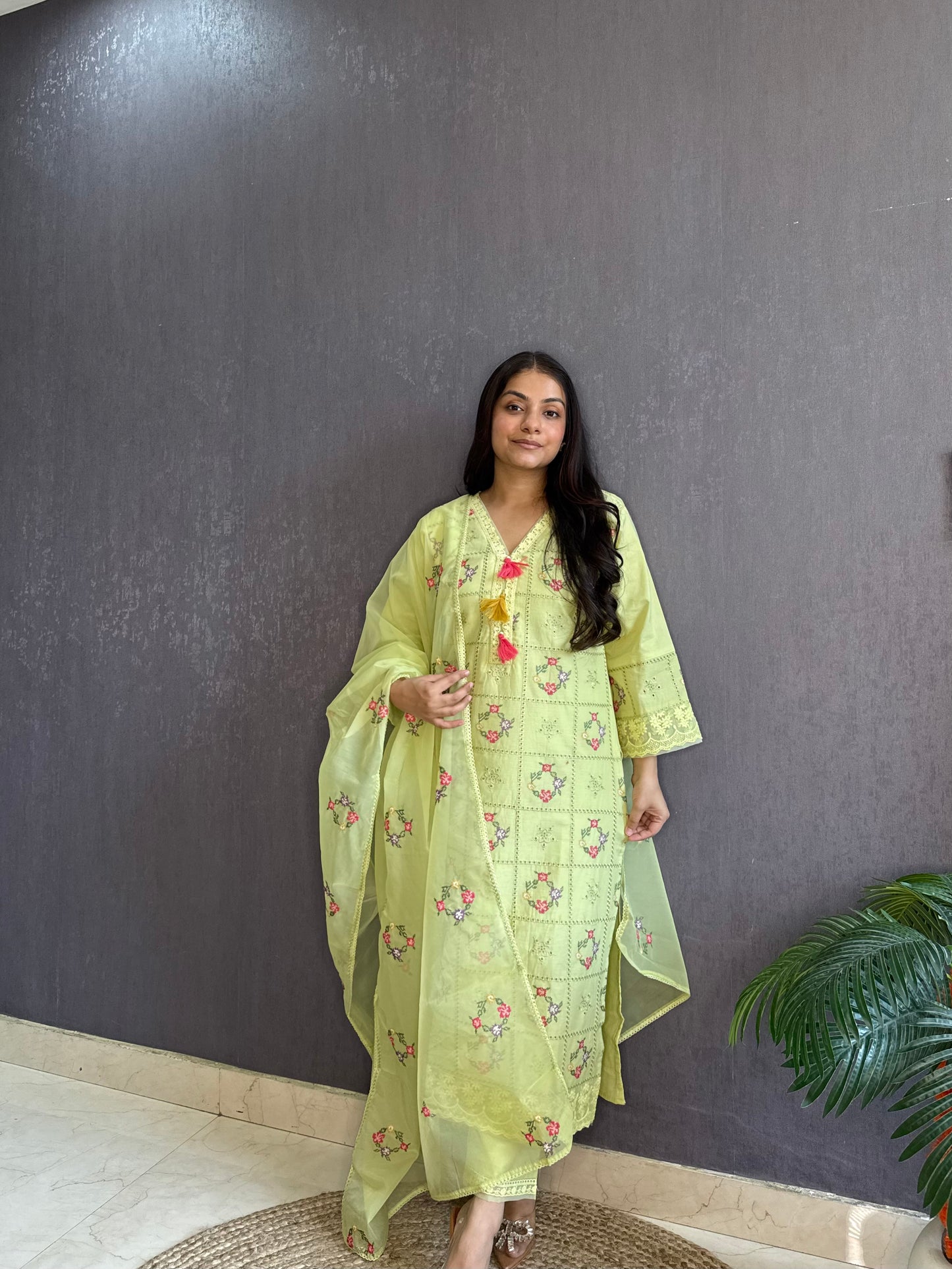 Cotton checked floral designer suit