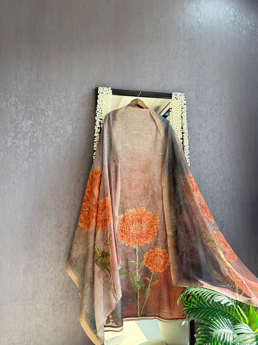 Pure linen marigold kantha work suit