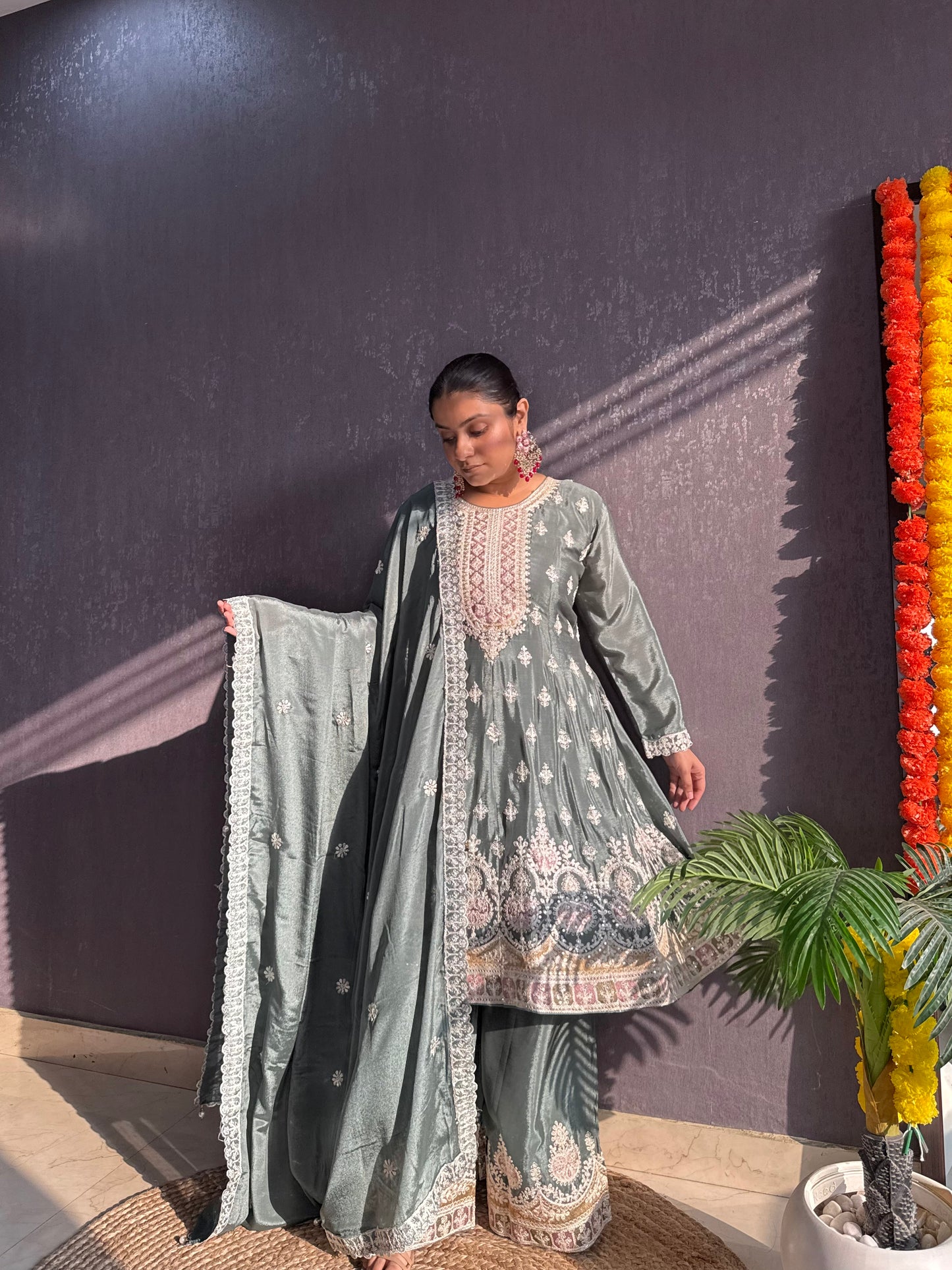 Chinon embroidered Anarkali Sharara suit