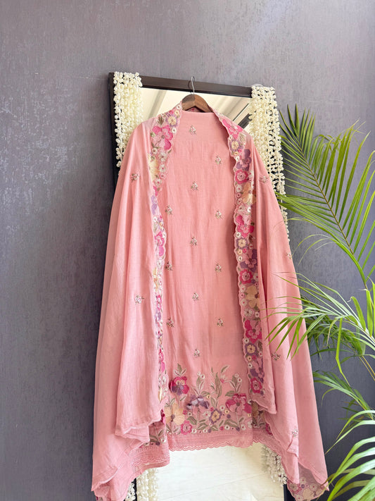 Luxurious Mul chanderi appliqué work floral suit
