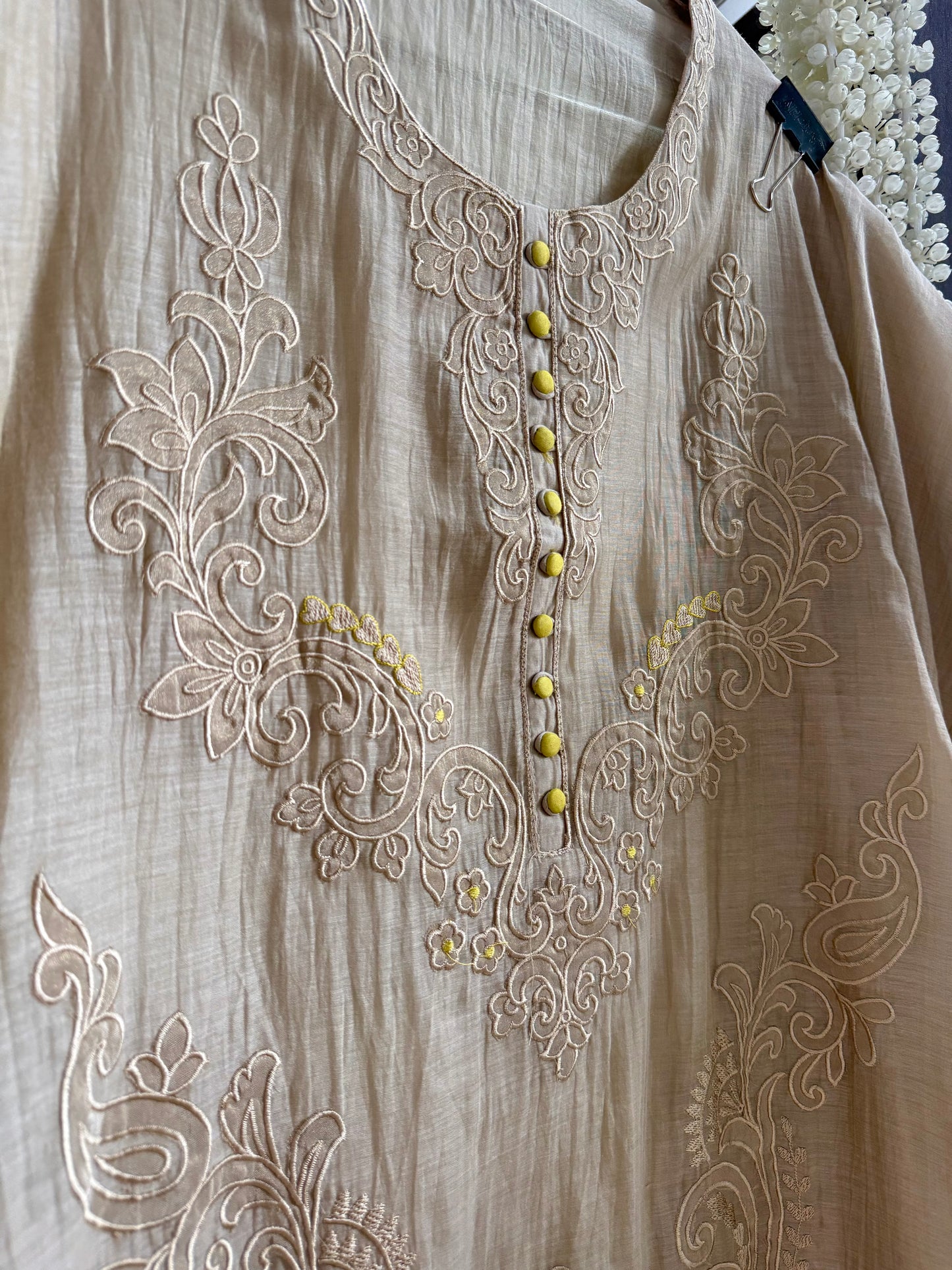 Luxurious Mul chanderi appliqué work suit