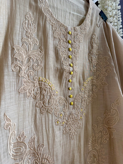 Luxurious Mul chanderi appliqué work suit