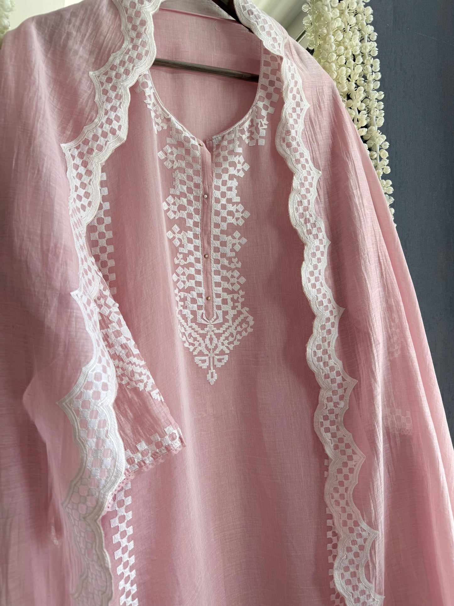 Luxurious Mul chanderi appliqué work suit