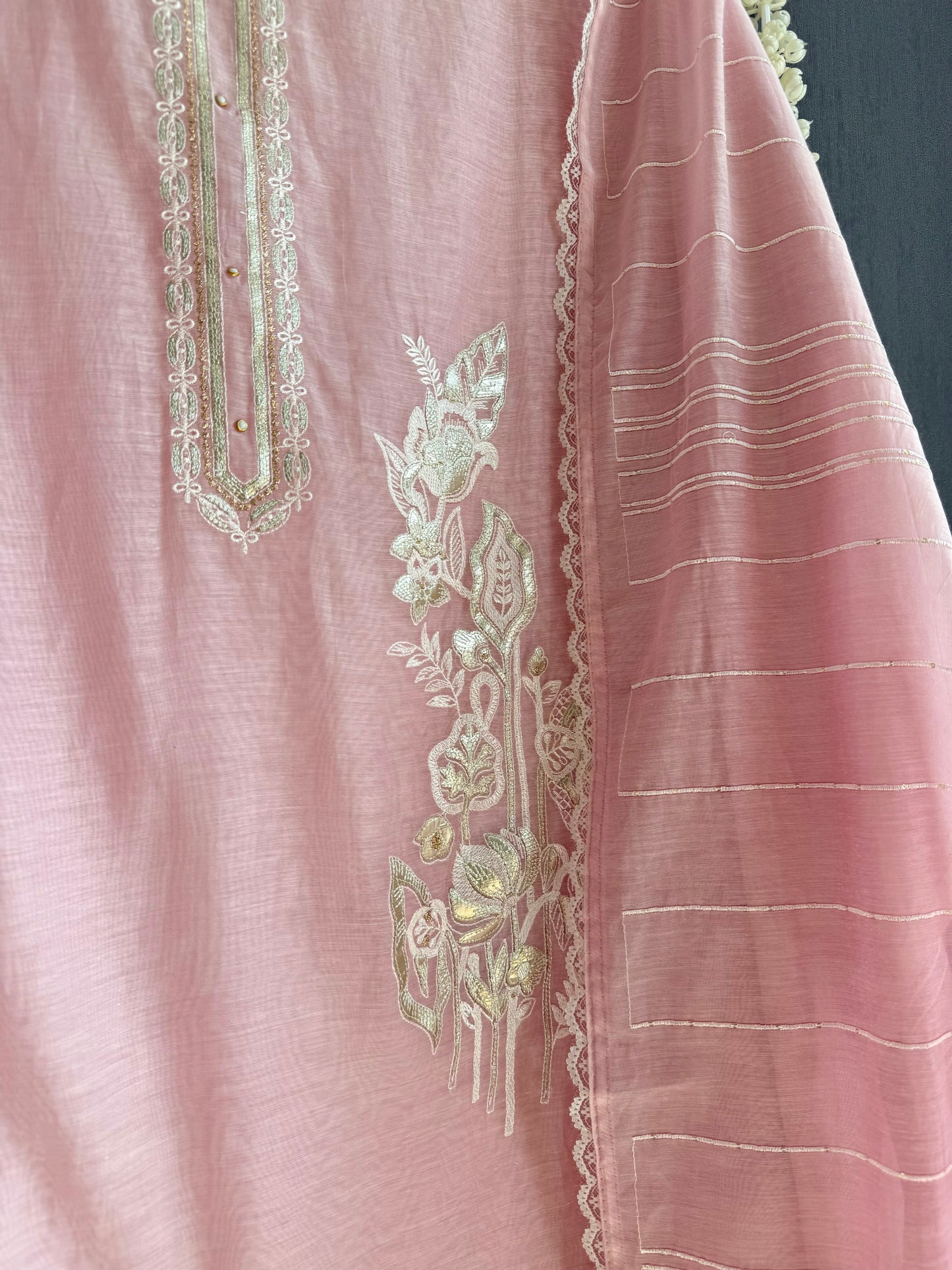 Luxurious Mul chanderi gold appliqué work suit