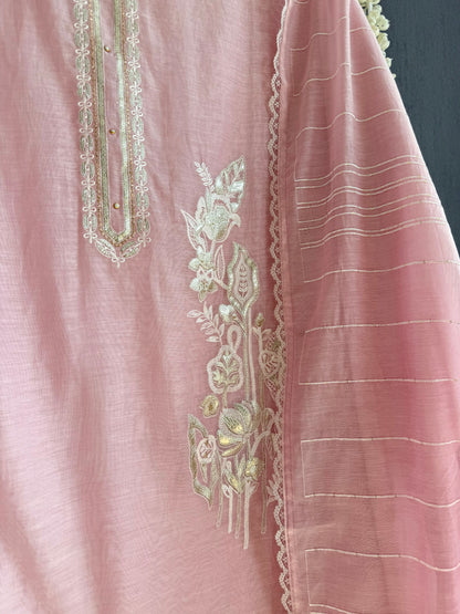Luxurious Mul chanderi gold appliqué work suit