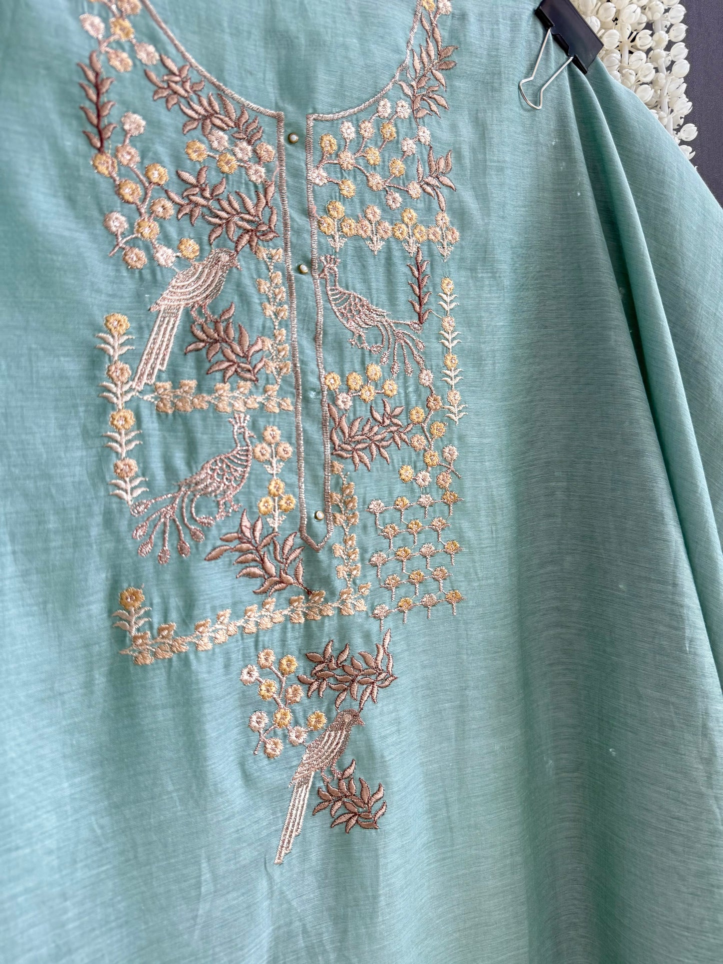 Luxurious Mul chanderi schiffili peacock suit