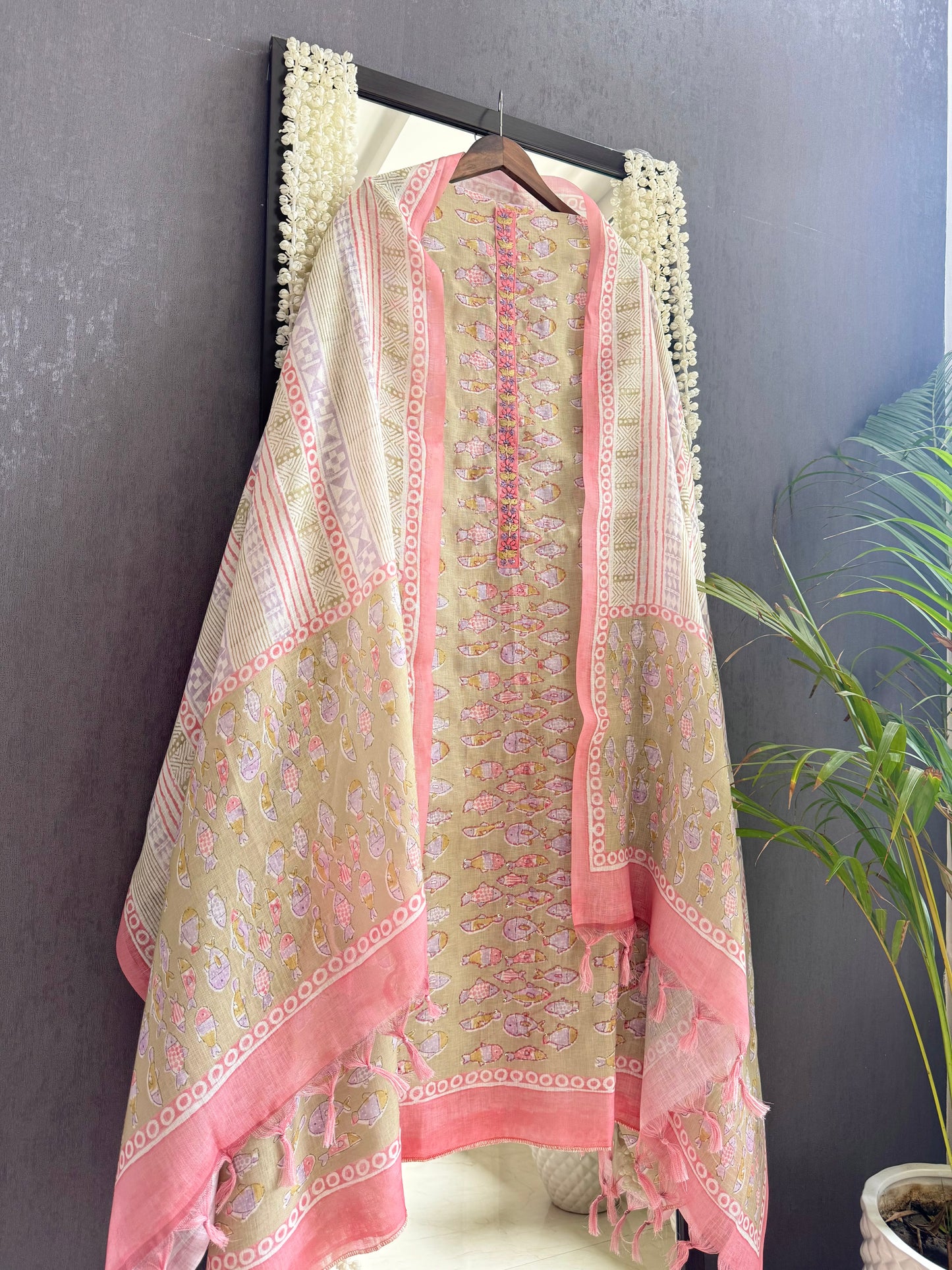 Linen fishes kantha work suit