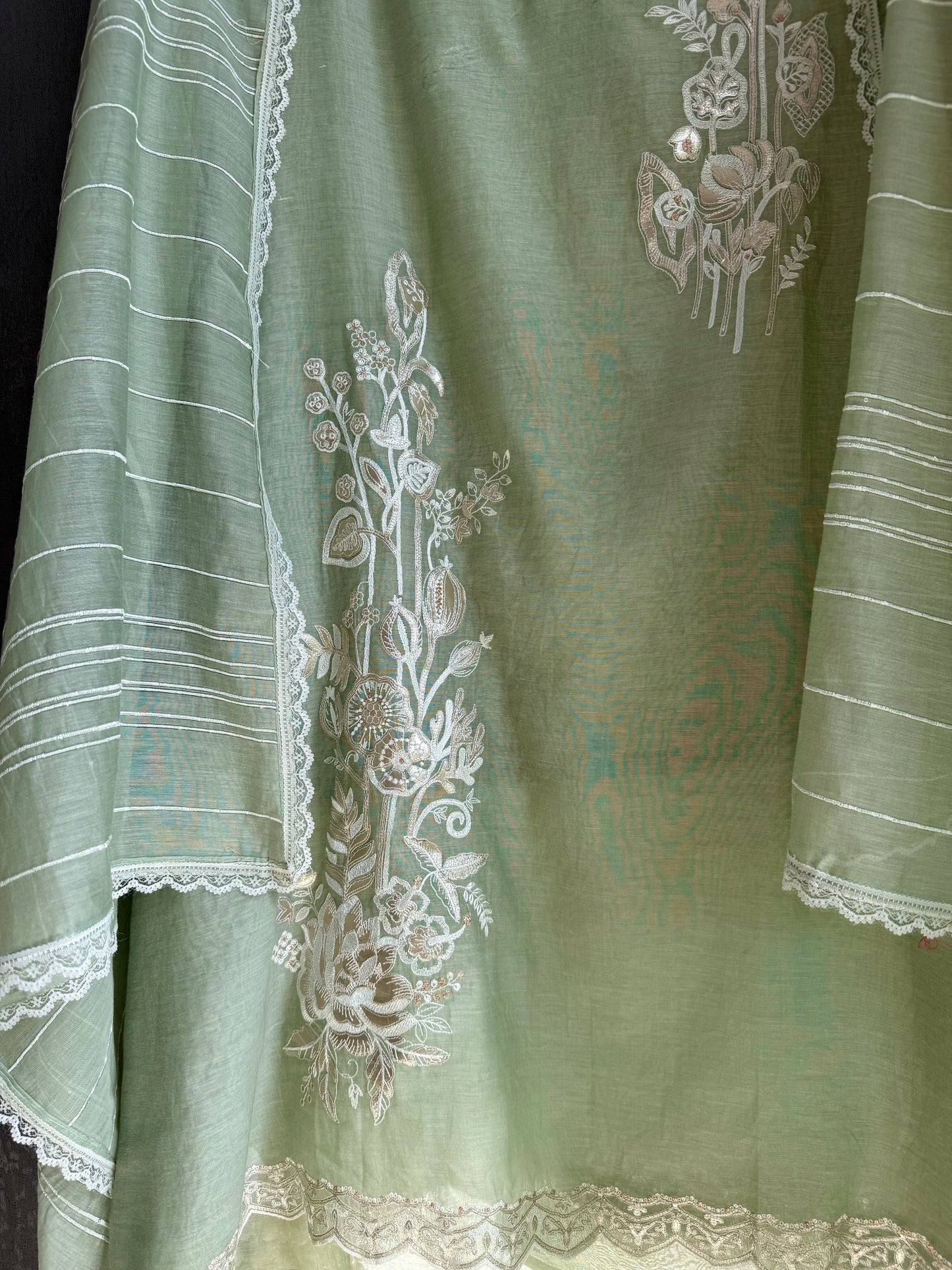 Luxurious Mul chanderi gold appliqué work suit