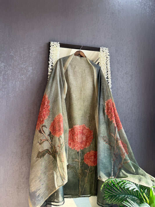 Pure linen marigold kantha work suit