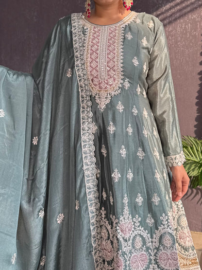 Chinon embroidered Anarkali Sharara suit