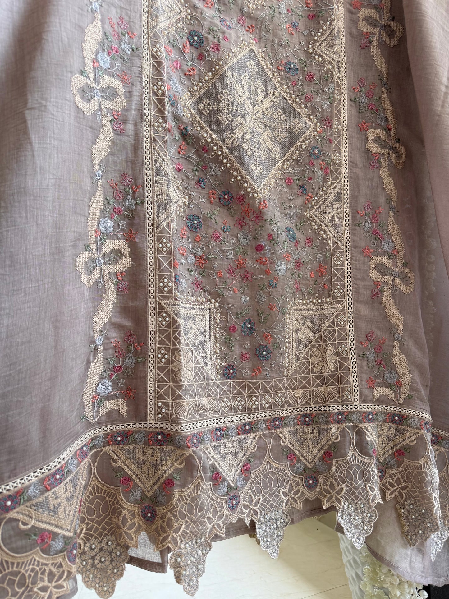 Luxurious Mul chanderi bow crossstitch suit