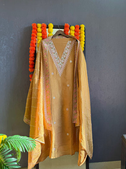 Crush tissue kashmiri aari work suit