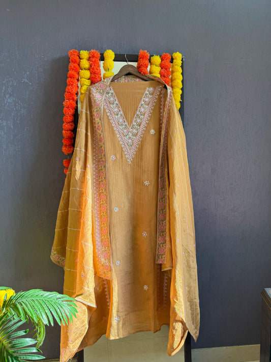 Crush tissue kashmiri aari work suit