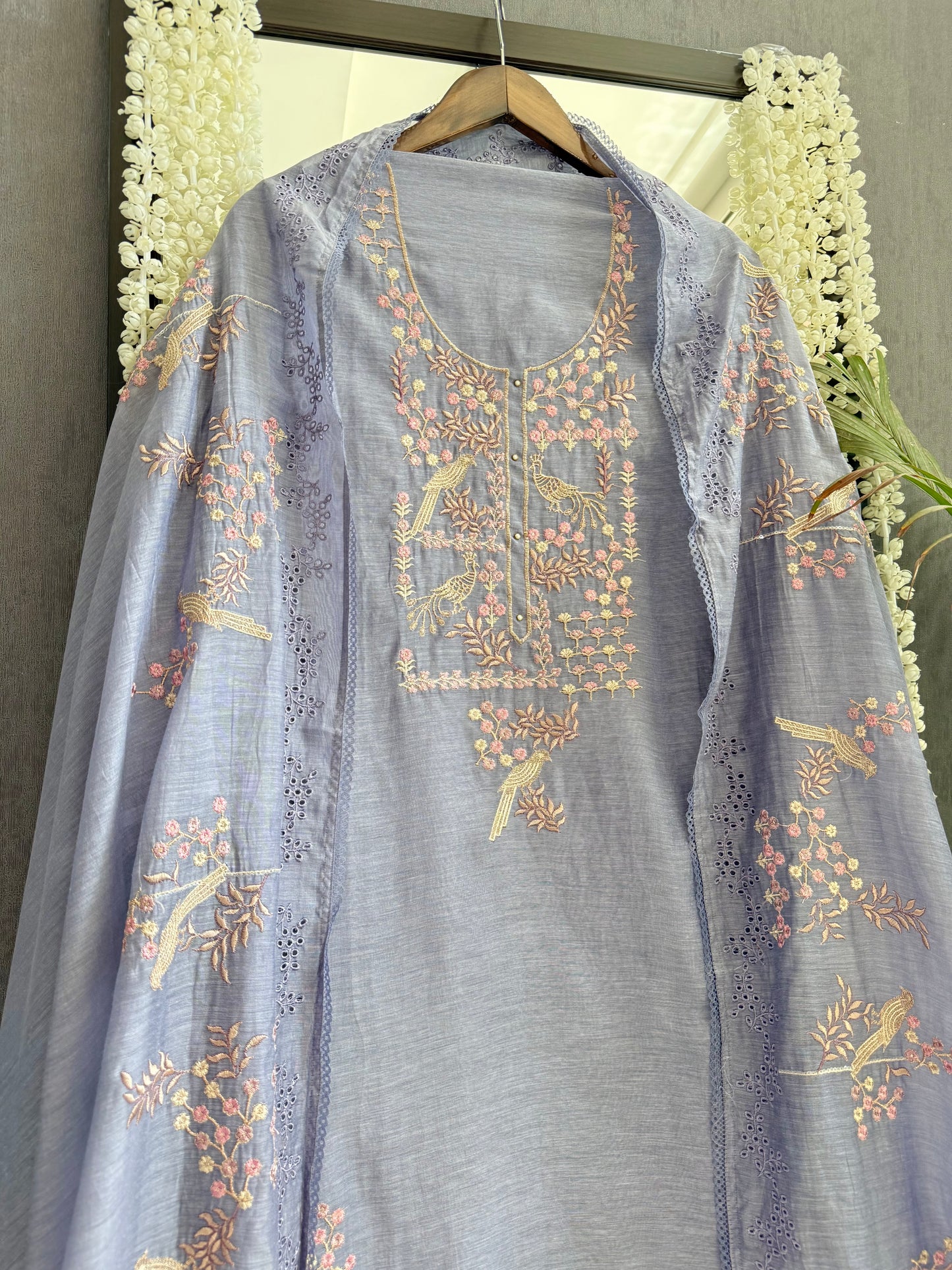 Luxurious Mul chanderi schiffili peacock suit