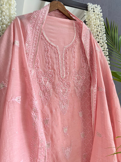 Luxurious Mul chanderi lucknowi tulip and hearts suit