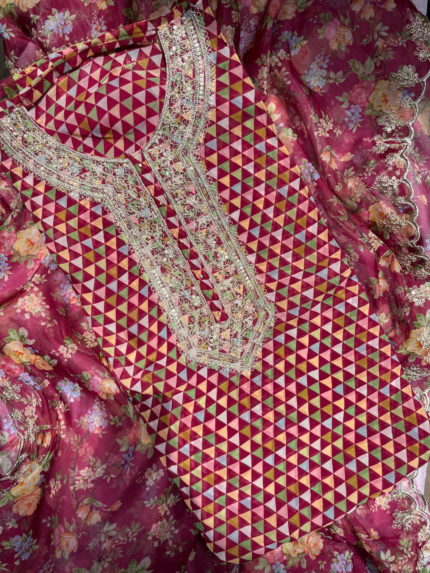Aari work pearlwork organza suits
