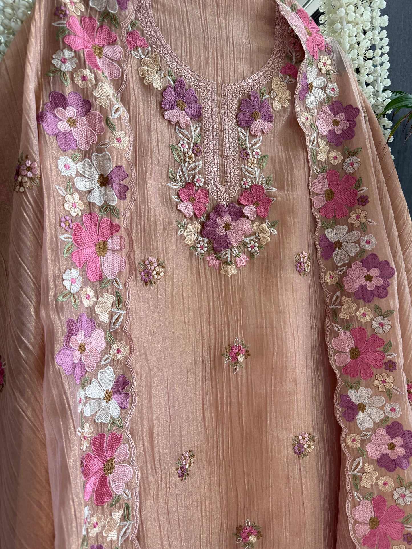 Luxurious Mul chanderi appliqué work floral suit