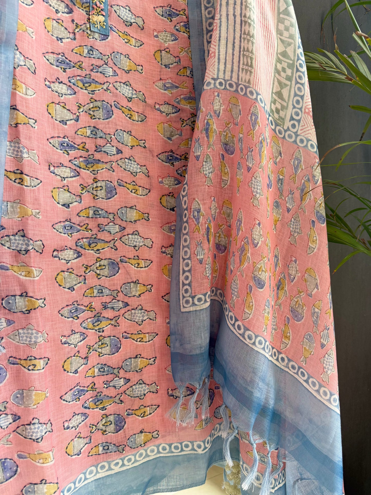 Linen fishes kantha work suit