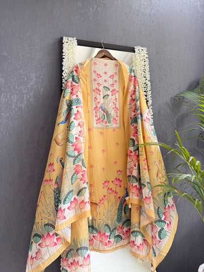 Mulmul cotton deers peacock handwork suit