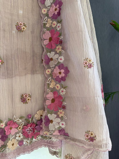 Luxurious Mul chanderi appliqué work floral suit