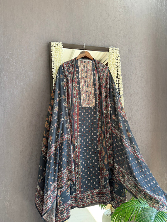 Pure crepe ajrakh aari work suit