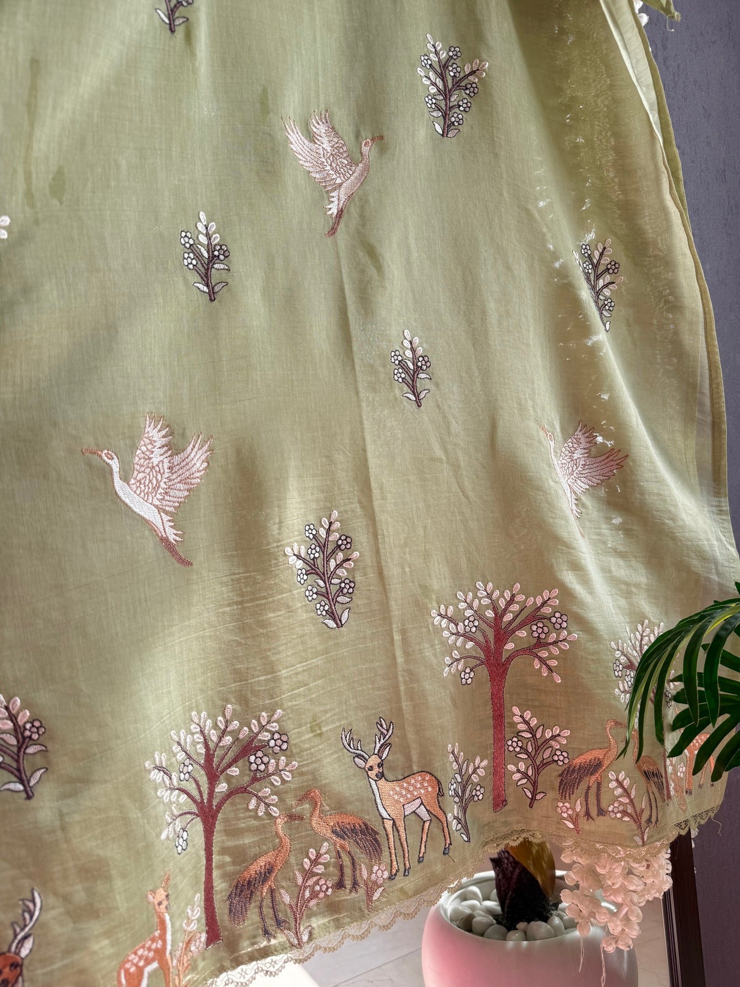 Luxurious Mul chanderi deers swans suit