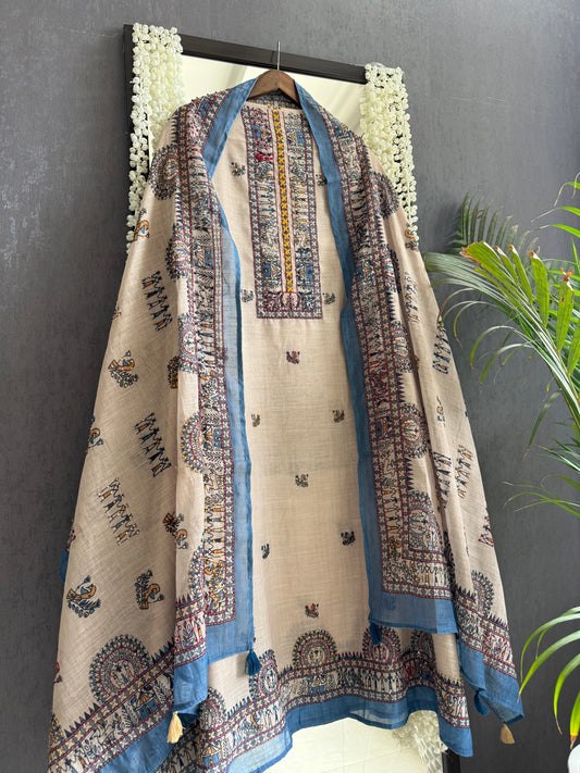 Linen worli art  Kantha work suit