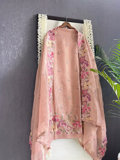 Luxurious Mul chanderi appliqué work floral suit