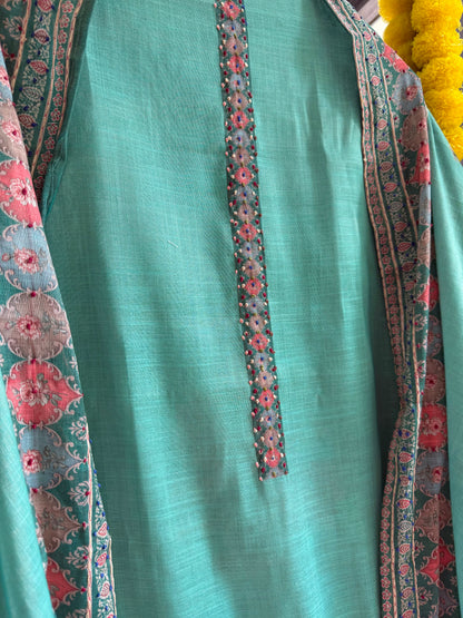 Pure linen peacock kantha work suit