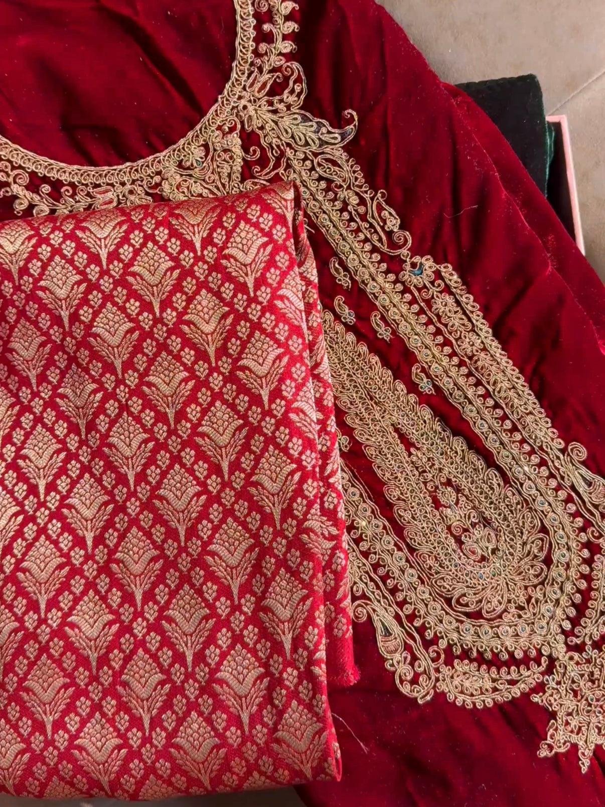 Velvet brocade marori aari work suit