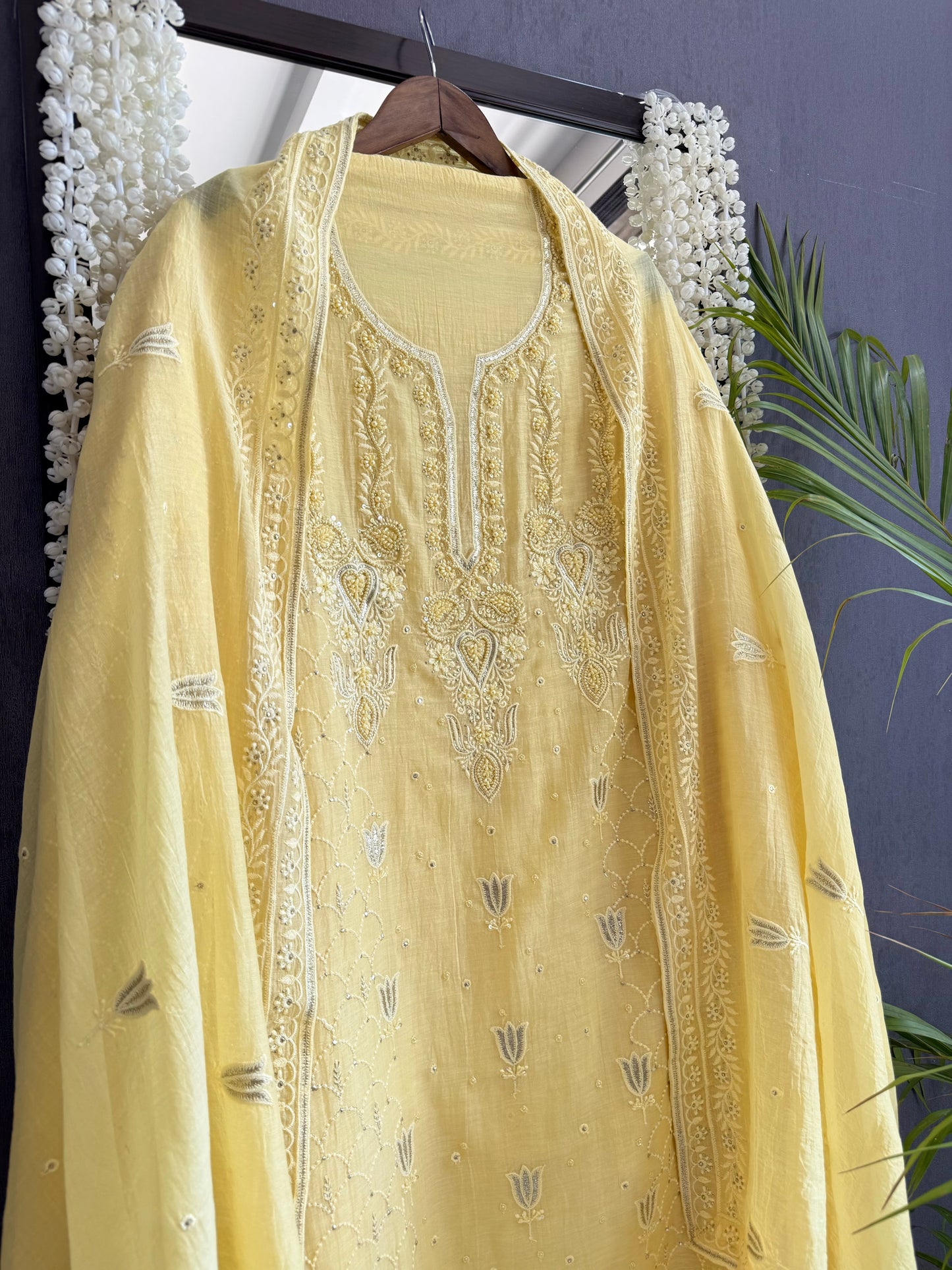 Luxurious Mul chanderi lucknowi tulip and hearts suit