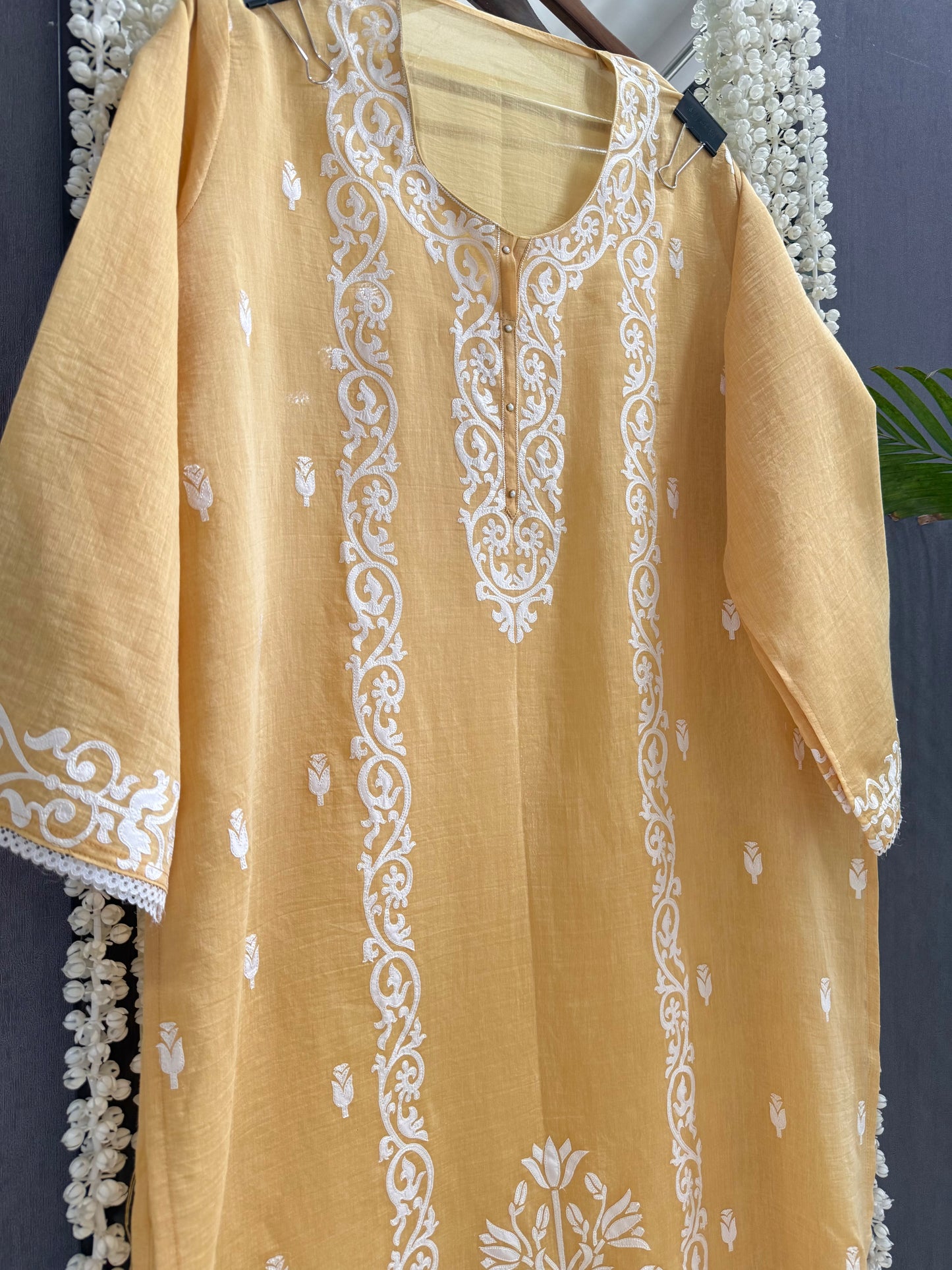 Luxurious Mul chanderi appliqué work suit