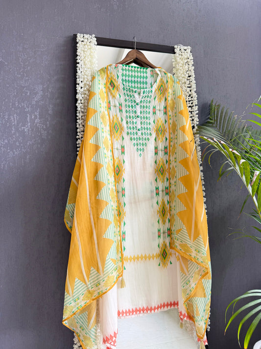 Muslin ikkat inspired handwork suits