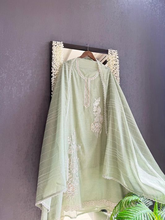 Luxurious Mul chanderi gold appliqué work suit