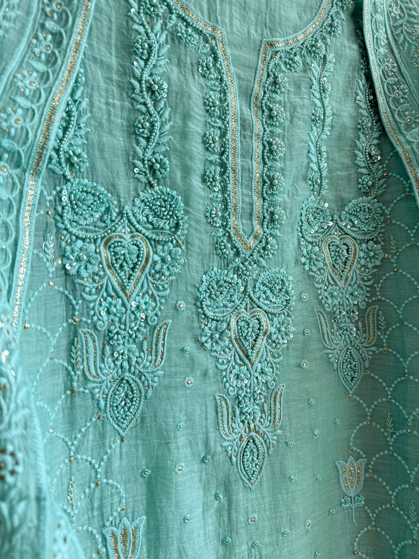 Luxurious Mul chanderi lucknowi lotus and hearts suit