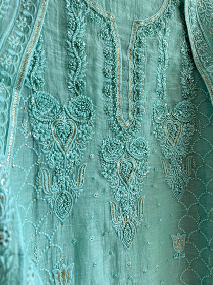 Luxurious Mul chanderi lucknowi lotus and hearts suit
