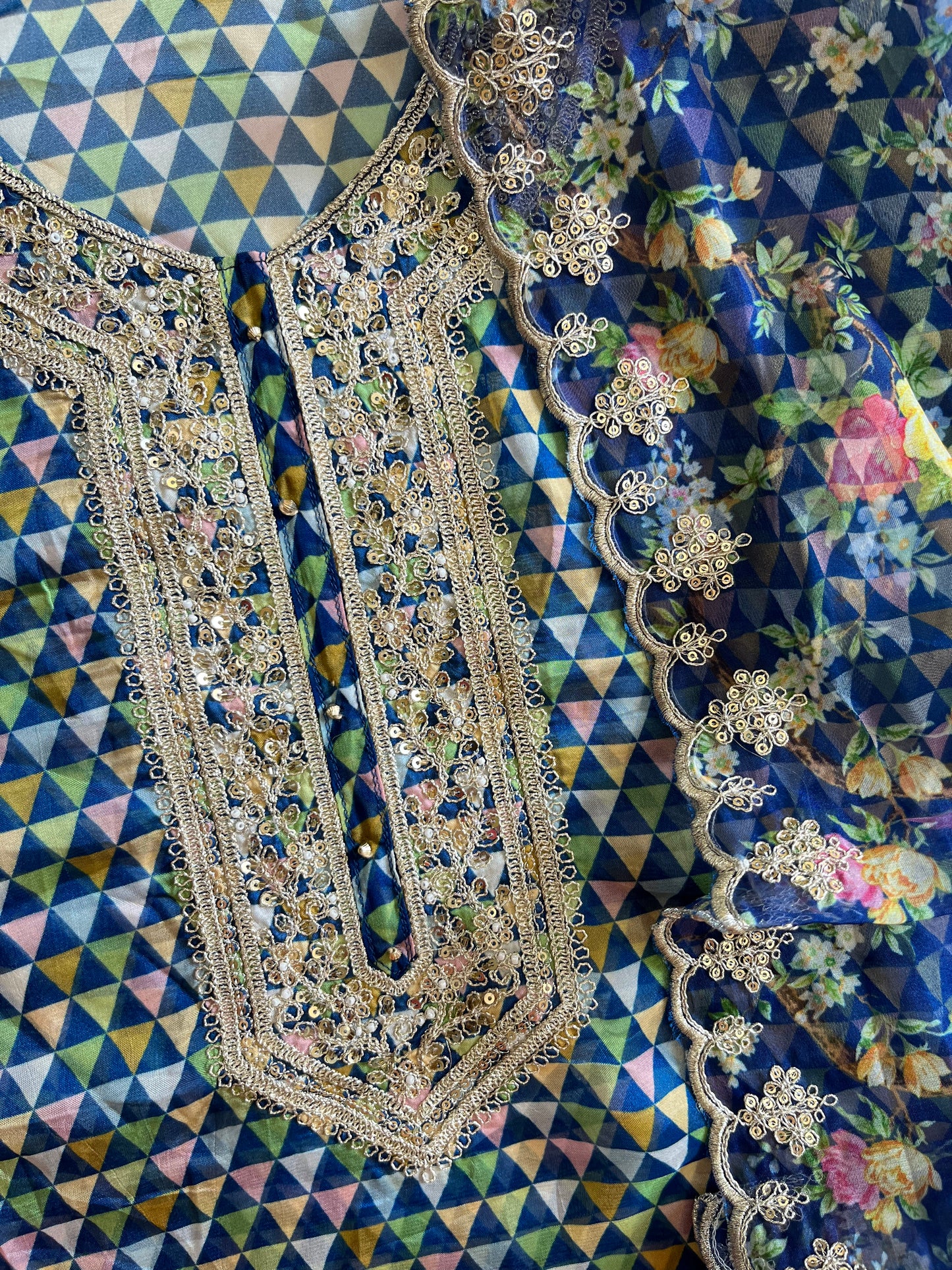 Aari work pearlwork organza suits