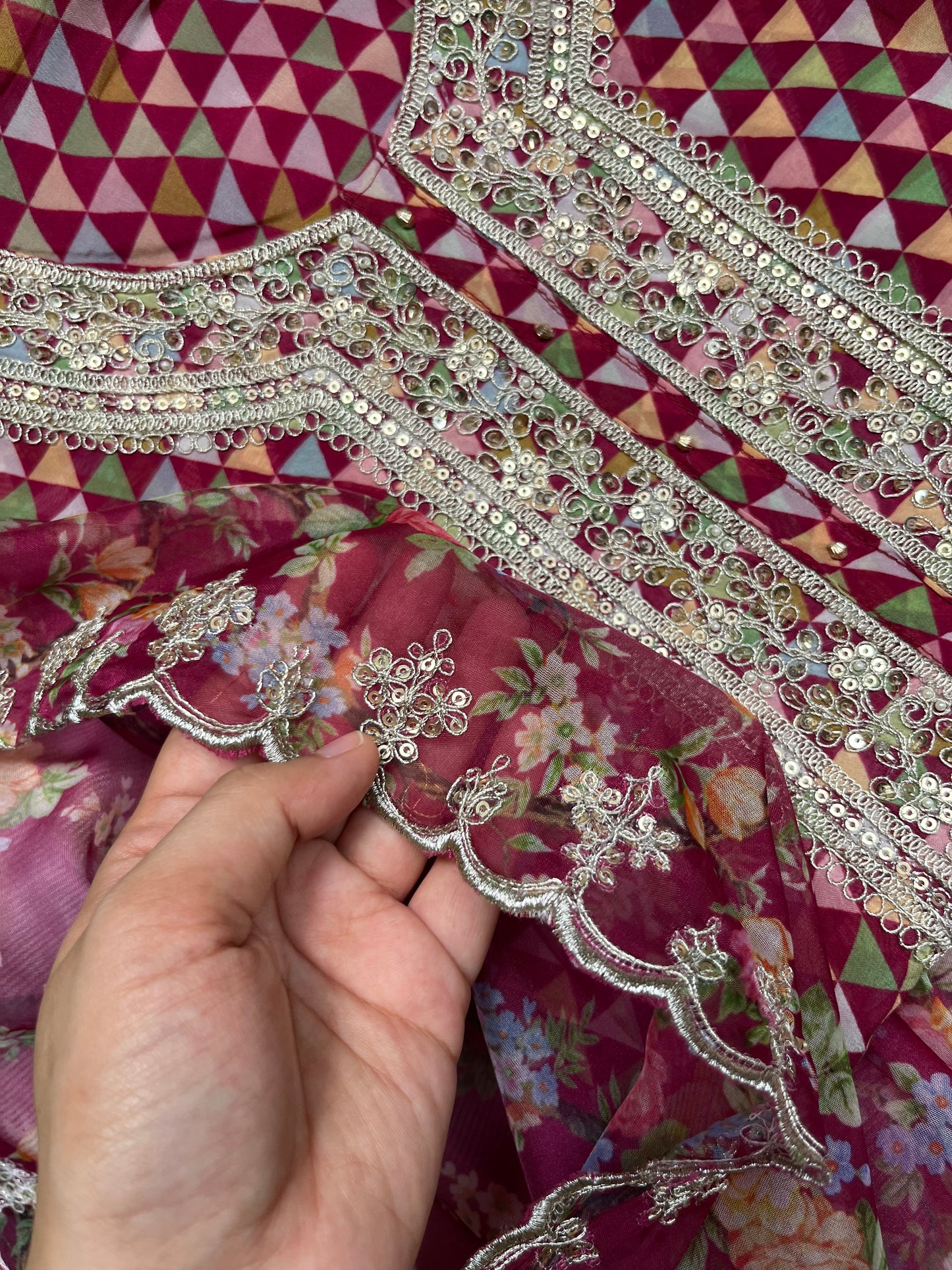 Aari work pearlwork organza suits