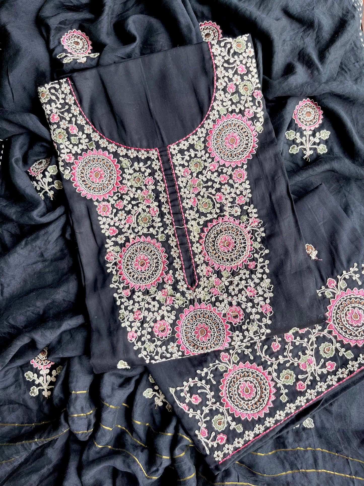 Satin Aari work unstitched suits