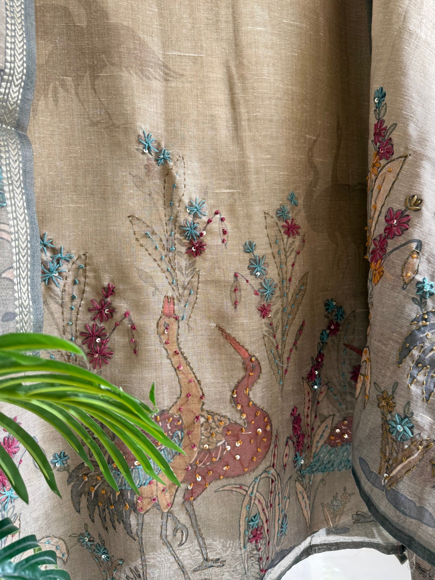 Pure linen birds frenchknot kantha work suit