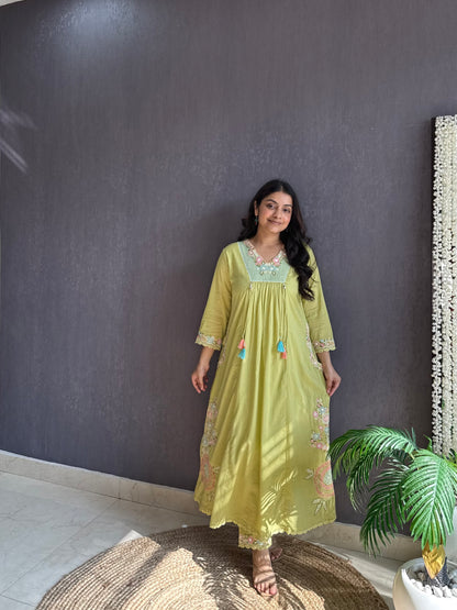 Premium mul cotton embroidered handwork Aline suit