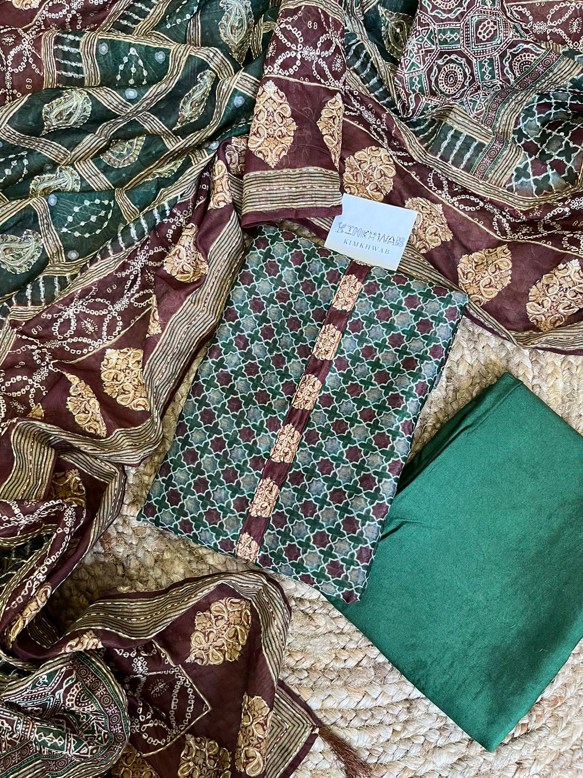 Maheshwari Kantha work Ajrakh Unstitched suit